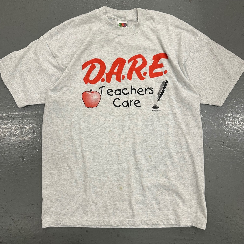 Vintage Fruit of the Loom Mens D.A.R.E. Teachers Care XL Gray Preowned Stains